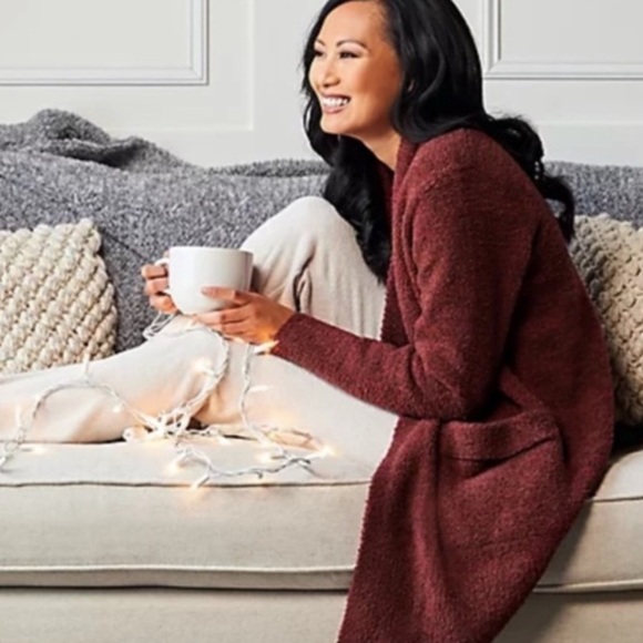 Barefoot dreams red burgundy long open oversized cardigan plush fleece pockets - Picture 1 of 4